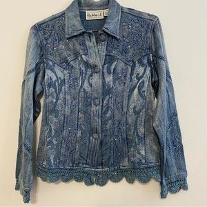 VTG Y2K Denim Embroidered Scalloped Hem Button Up Jacket Small